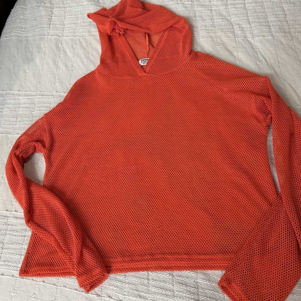 Smoke & Mirrors Orange Mesh Hoodie Long‎ Sleeve Sheer Pullover Top Womens Medium